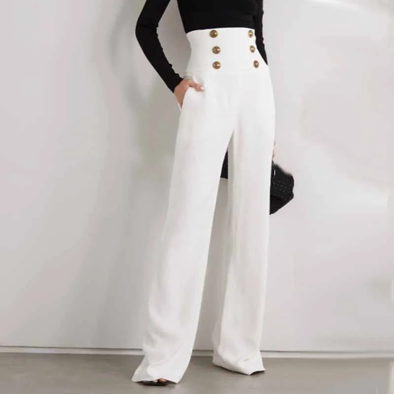 Women Hight Waisted Formal Pants Gold-tone Buttons Flare Trousers